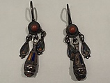 Earring, One of a Pair, Silver sheet, filigree, enamel, coral and imitation coral